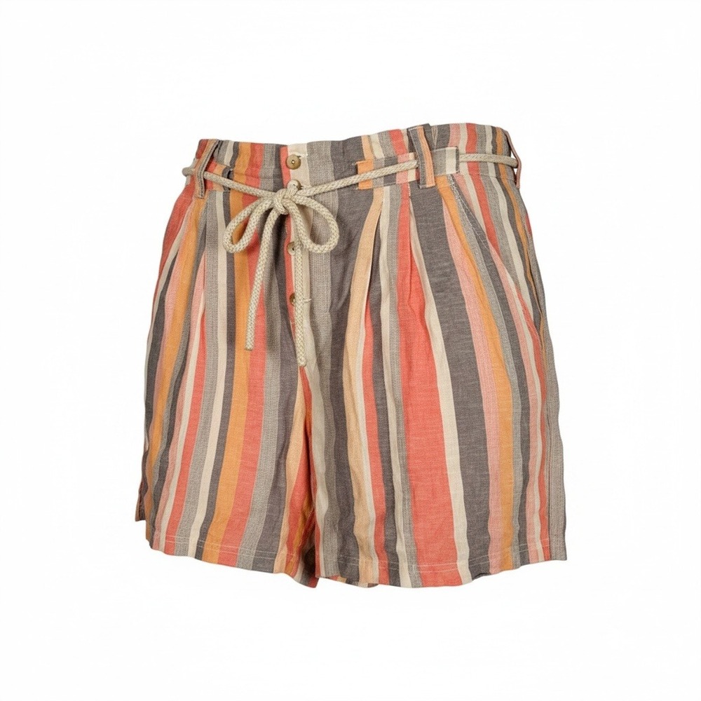 Like An Angel Striped Linen Blend Shorts 2X‎ Multi Color Rope Belt Boho Coastal